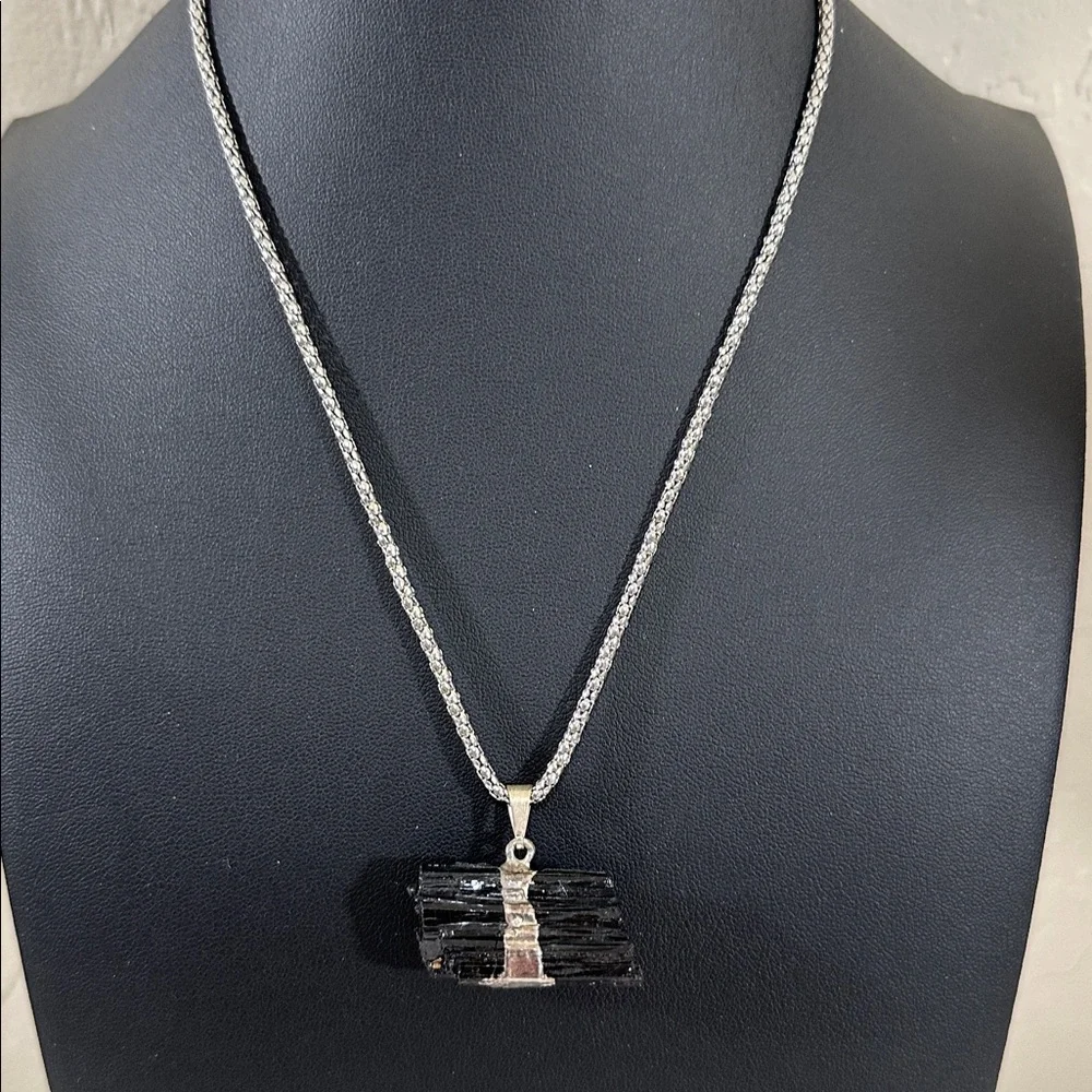 Raw Black Tourmaline Horizontal Pendant Necklace